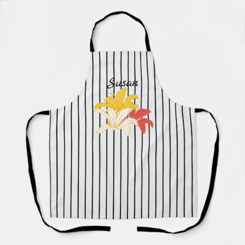 Orange Yellow White Flowers on Black and White  Apron