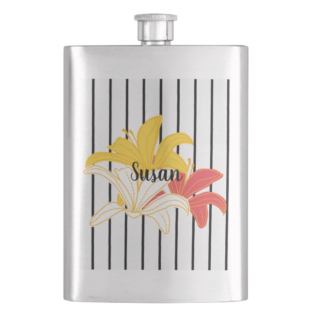 Orange Yellow White Flowers on Black Stripes Flask (Front)