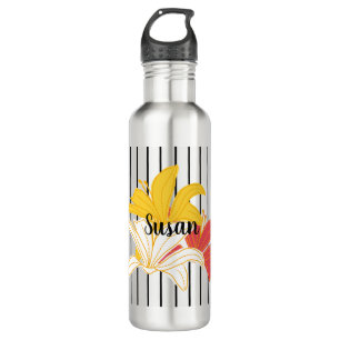 Orange Yellow White Flowers on Black Stripes Stainless Steel Water Bottle