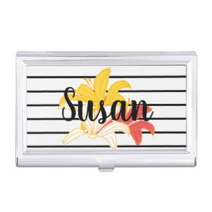 Orange Yellow White Flowers on Black White Stripes Business Card Case
