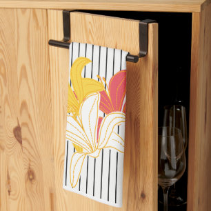 Orange Yellow White Flowers on Black White Stripes Kitchen Towel