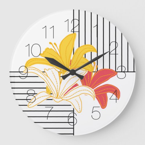 Orange Yellow White Flowers on Black White Stripes Large Clock