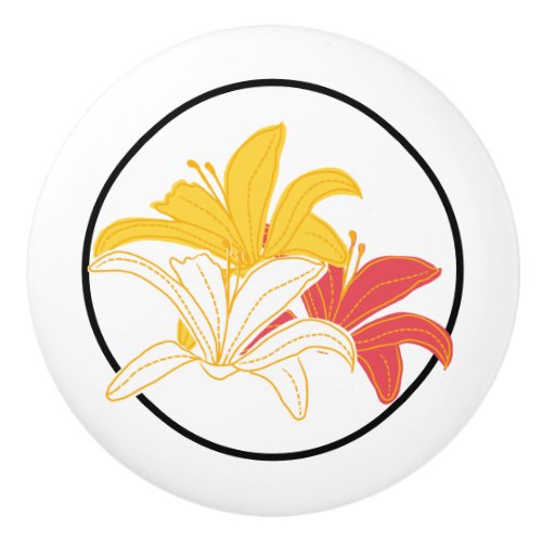 Orange Yellow White Flowers on White Ceramic Knob