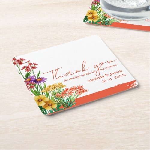Orange Yellow  Wildflowers Floral Wedding Party Square Paper Coaster