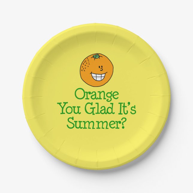 Orange You Glad It's Summer Pun Yellow Paper Plates (Front)