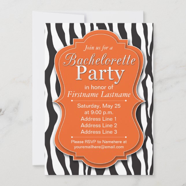 Orange Zebra Print Bachelorette Party Invitations (Front)