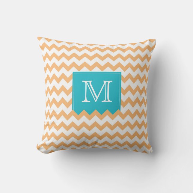 Orange Zig Zag Pattern & turquoise monogram box Throw Pillow (Front)