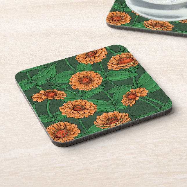 Orange Zinnia flowers, green leaves on dark green Beverage Coaster (Left Side)