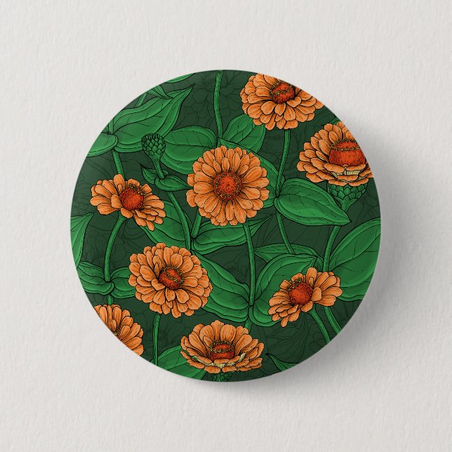 Orange Zinnia flowers, green leaves on dark green Button (Front)