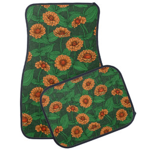 Orange Zinnia flowers, green leaves on dark green Car Floor Mat