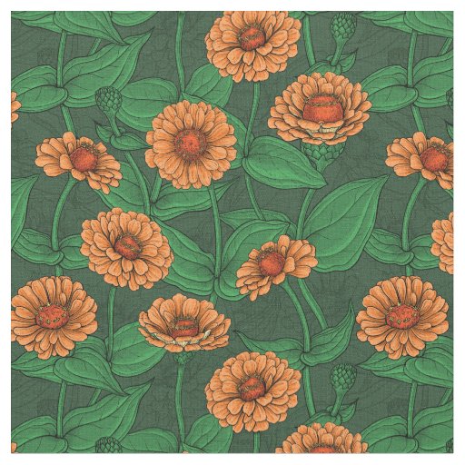 Orange Zinnia flowers, green leaves on dark green Fabric