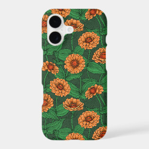 Orange Zinnia flowers, green leaves on dark green iPhone 17 Case
