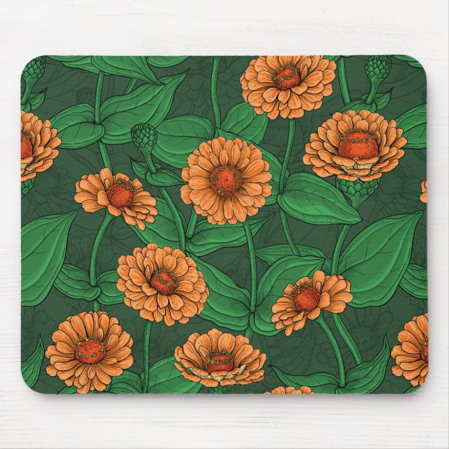 Orange Zinnia flowers, green leaves on dark green Mouse Pad (Front)