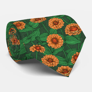 Orange Zinnia flowers, green leaves on dark green Neck Tie