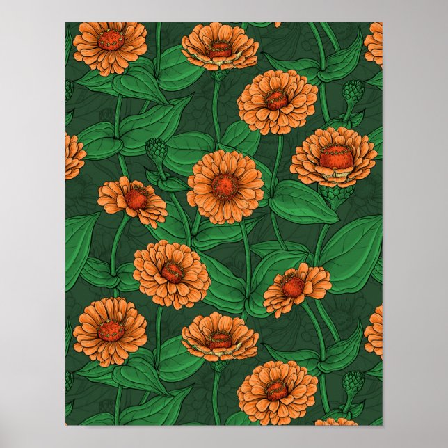 Orange Zinnia flowers, green leaves on dark green Poster (Front)