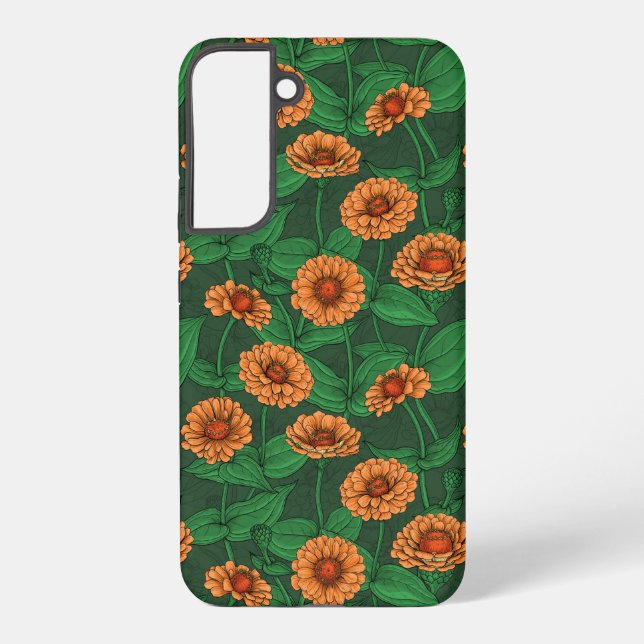 Orange Zinnia flowers, green leaves on dark green Samsung Galaxy Case (Back)