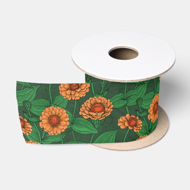 Orange Zinnia flowers, green leaves on dark green Satin Ribbon (Spool)