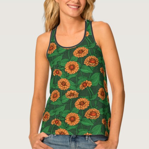 Orange Zinnia flowers green leaves on dark green Tank Top