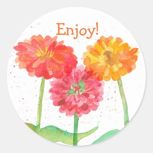 Orange Zinnia Watercolor Flowers Enjoy Classic Round Sticker