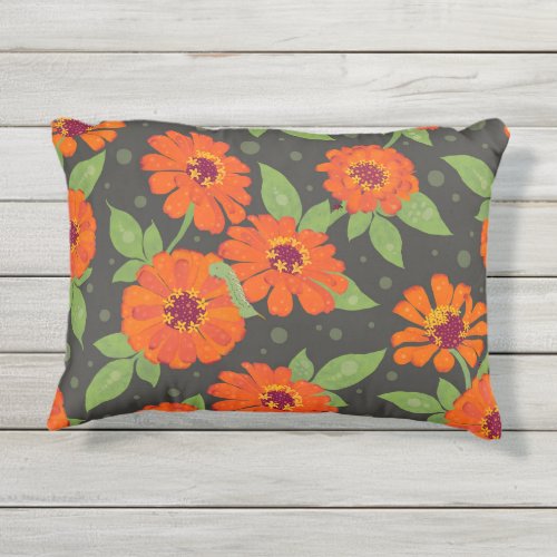 Orange Zinnias with Dots and LadyBugs Black BG Outdoor Pillow