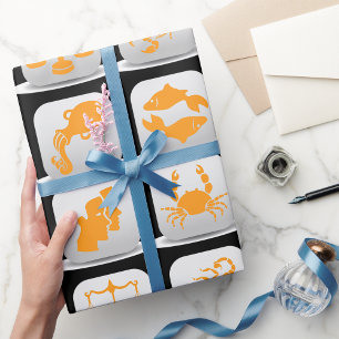 Orange Zodiac Signs Astrology Symbols Wrapping Paper