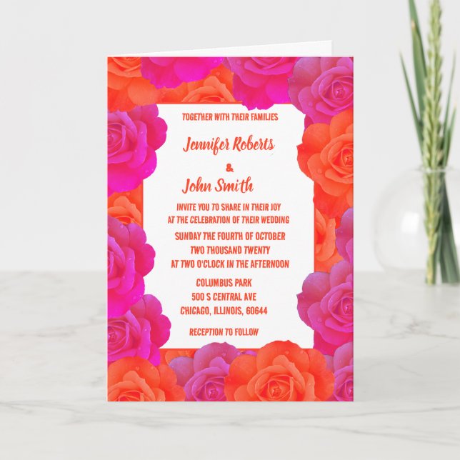 OrangePink Floral Rose Abstract QR Code Wedding Invitation (Front)