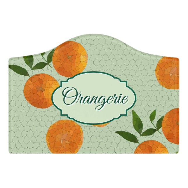 Orangerie oranges & leaves mosaic background door sign (Small Crest Front)
