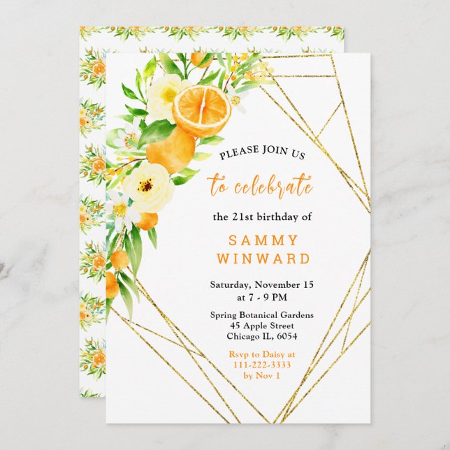 Oranges and Flowers Birthday Invitation (Front/Back)