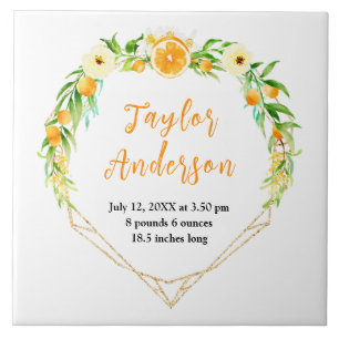 Oranges and Foliage Baby Birth Stats Ceramic Tile