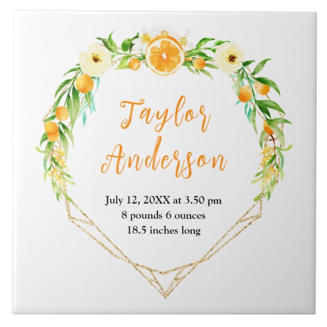 Oranges and Foliage Baby Birth Stats Ceramic Tile (Front)