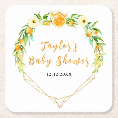 Oranges and Foliage Baby Shower Square Paper Coaster