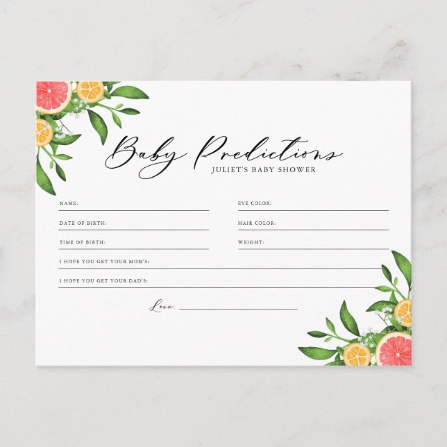 Oranges and Grapefruits Baby Predictions Game Card (Front)