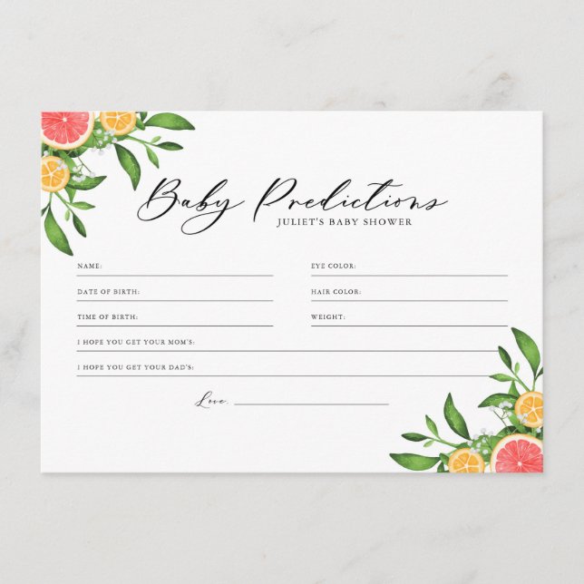 Oranges and Grapefruits Baby Predictions Game Card (Front)