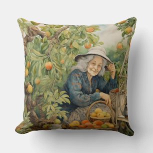 Oranges and peaches lady with gray hair and hat throw pillow
