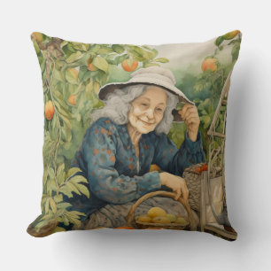 Oranges and peaches lady with gray hair and hat throw pillow