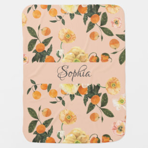 Oranges and Poppy Modern Watercolor Girl Name Baby Baby Blanket
