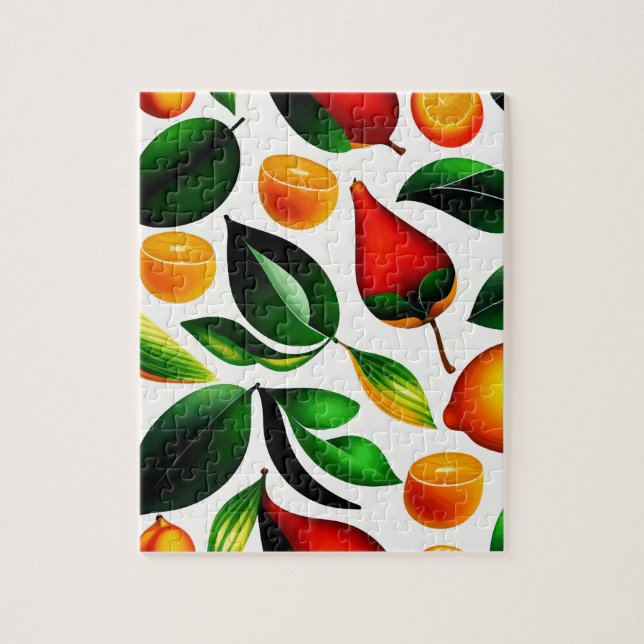 Oranges and Red Fruits Pattern With Green Plants Jigsaw Puzzle (Vertical)
