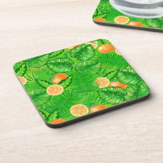 Oranges and tropical leaves beverage coaster (Left Side)