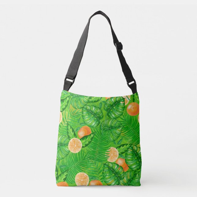 Oranges and tropical leaves crossbody bag (Front)