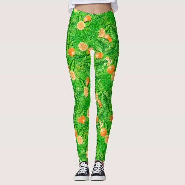 Oranges and tropical leaves leggings (Front)