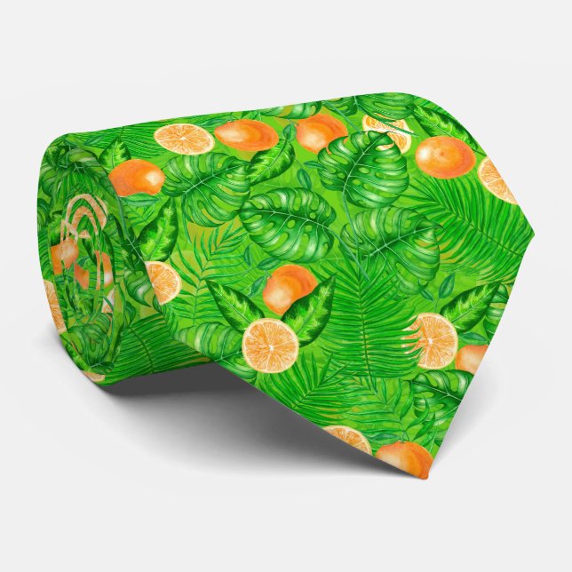 Oranges and tropical leaves neck tie (Rolled)