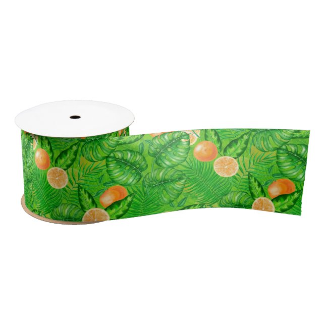 Oranges and tropical leaves satin ribbon (Spool)