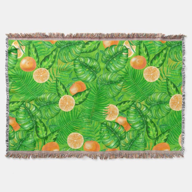 Oranges and tropical leaves throw blanket (Front)
