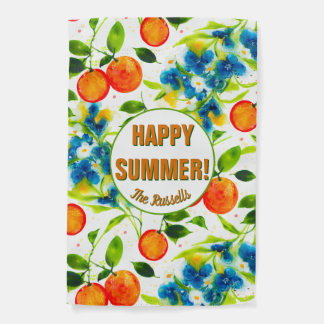 Oranges&Blue Blossoms 'Happy Summer' Customizable Garden Flag