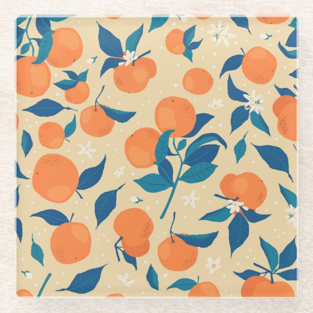 Oranges Branches: Beige Background Pattern Glass Coaster (Front)