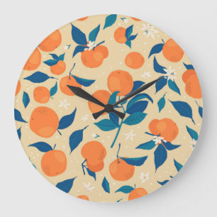 Oranges Branches: Beige Background Pattern Large Clock