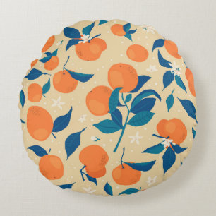 Oranges Branches: Beige Background Pattern Round Pillow