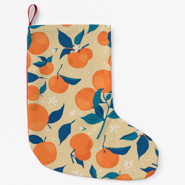 Oranges Branches: Beige Background Pattern Small Christmas Stocking (Front)