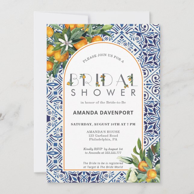 Oranges Bridal Shower with mediterranean tiles Invitation (Front)