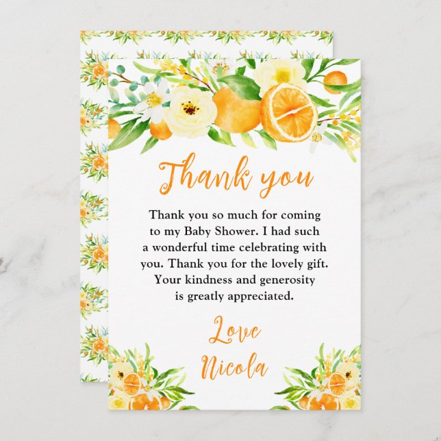 Oranges Citrus Baby Shower Thank You Card (Front/Back)